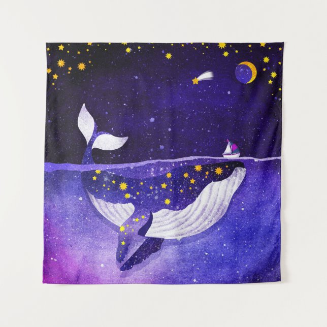Magical Whale: Dark Ocean Night Tapestry (Front)