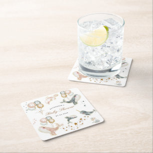 Magical Whales Balloons Stars Baby Shower Square Paper Coaster