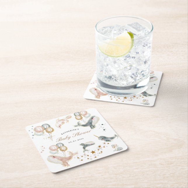 Magical Whales Balloons Stars Baby Shower Square Paper Coaster (Insitu)