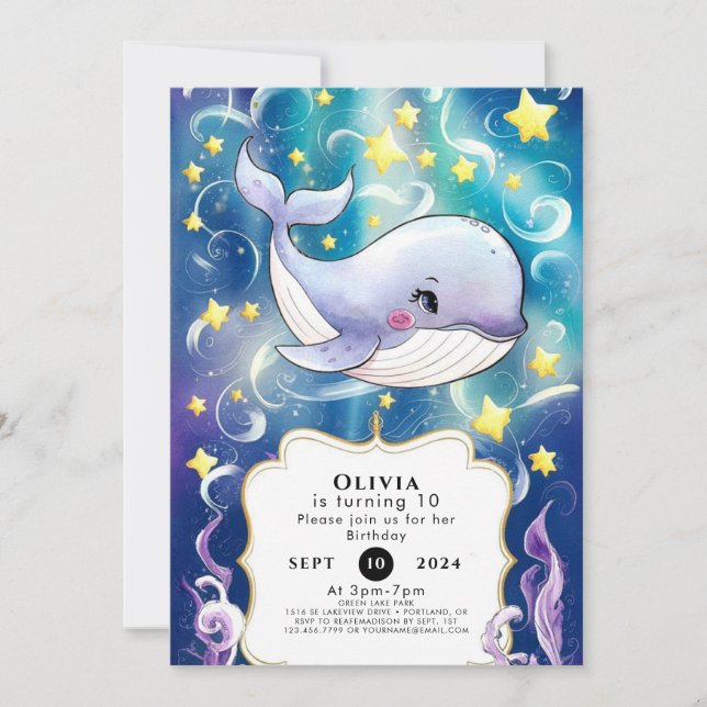Magical Whimsical Ocean Whale Birthday Invitation (Front)