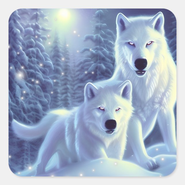 Magical White Arctic Wolves Fantasy Art Square Sticker (Front)