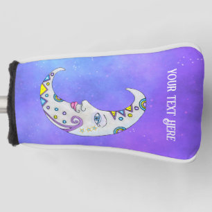 Magical White Decorated Moon With Face Purple Sky Golf Head Cover