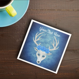 Magical White Deer Head Pretty Blue Roses Antlers Napkin