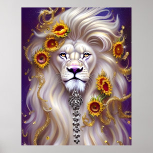 Magical White Lion and Sunflowers Graphic Poster