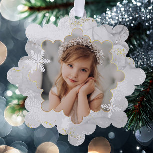 Magical White Snowflakes and Sparkles Photo Tree Decoration Card