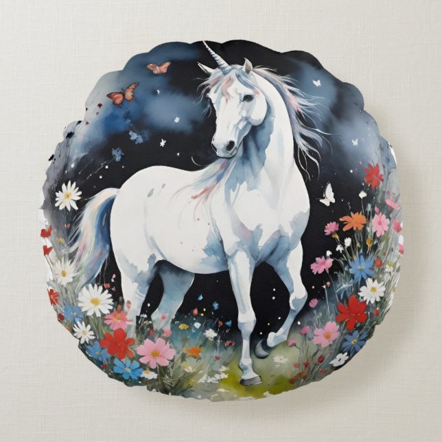 Magical White Unicorn In A Night Garden Round Cushion (Front)
