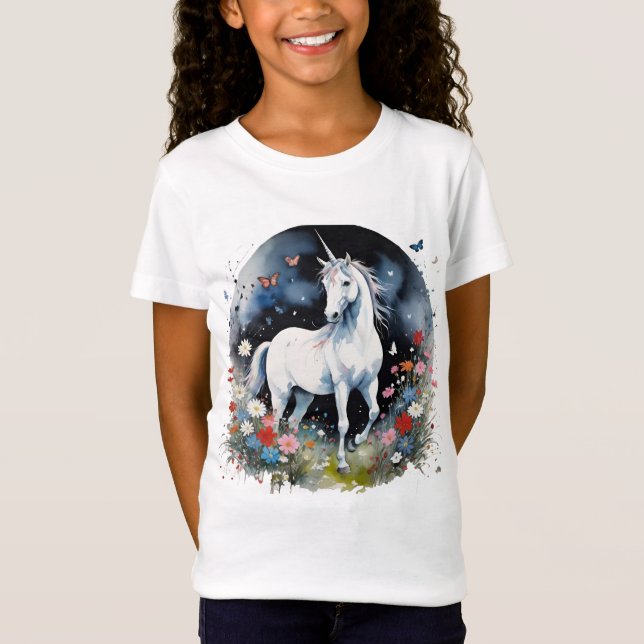 Magical White Unicorn In A Night Garden T-Shirt (Front)