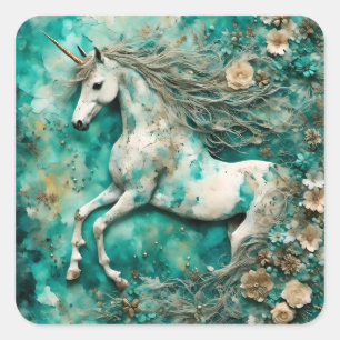Magical White Unicorn Teal Background Square Sticker