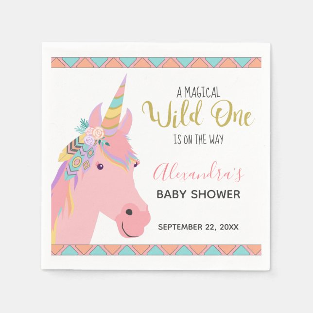 Magical Wild One Cute Pink Unicorn Baby Shower Napkin (Front)