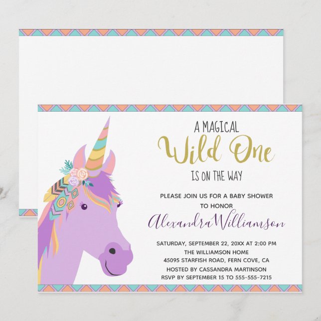 Magical Wild One Unicorn Purple Gold Baby Shower Invitation (Front/Back)