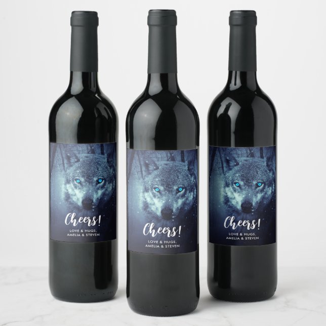 Magical Wild Wolf with Amazing Blue Eyes Wine Label (Bottles)