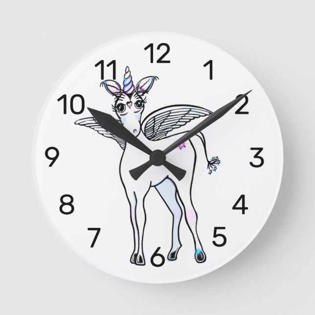 Magical winged Unicorn Round Clock (Front)