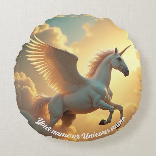 Magical winged Unicorn sky Monogram Name  Round Cushion (Front)