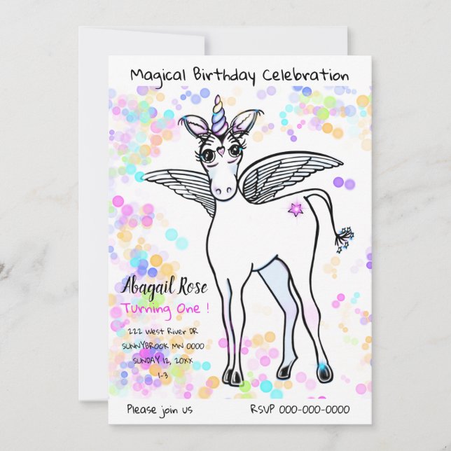 Magical winged Unicorn with colourful bubbles Invitation (Front)
