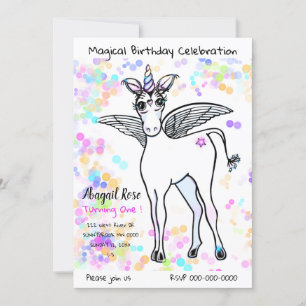 Magical winged Unicorn with colourful bubbles Invitation