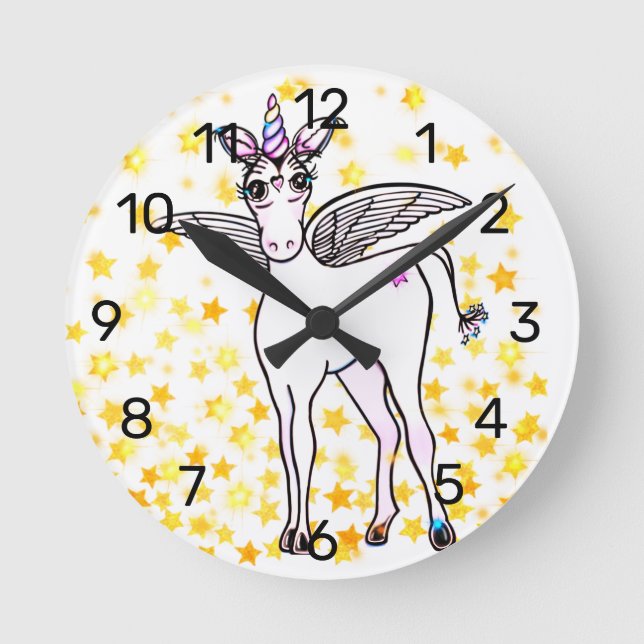 Magical winged Unicorn with golden star accents Round Clock (Front)