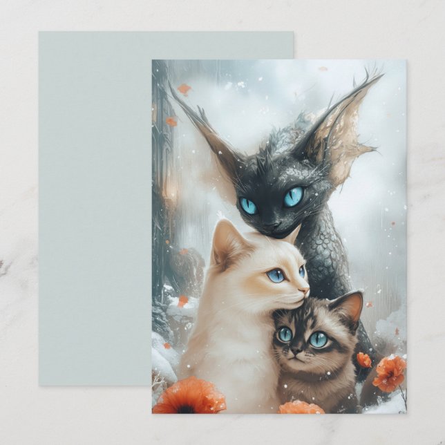 Magical Winter Cats with Fantasy Dragon Guardian Invitation (Front/Back)