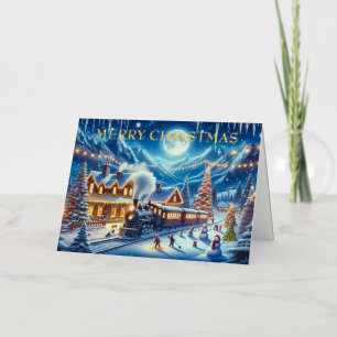 Magical Winter Christmas Train Village Foil Holiday Card