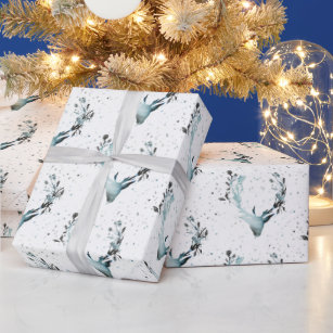 Magical Winter Deerhead Silver Blue Snow Christmas Wrapping Paper