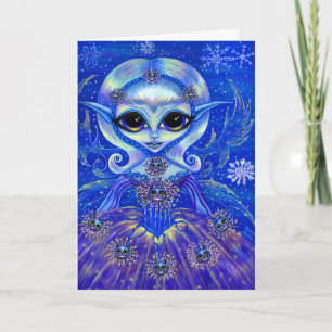 Magical Winter Fairy Girl Cats Snowflakes Big Eyes Holiday Card