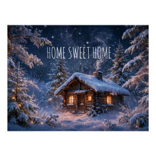 Magical Winter Night Cabin in the Woods Poster