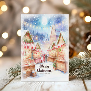 Magical Winter Night Christmas Market  Holiday Card