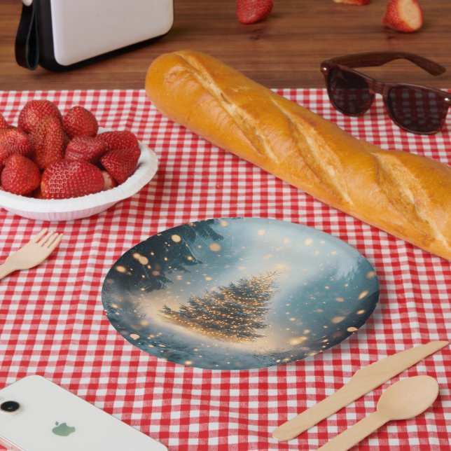 Magical Winter Snowy Forest Christmas Tree Paper Plate (Picnic)