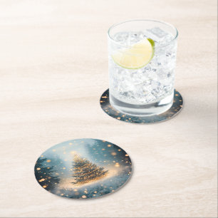 Magical Winter Snowy Forest Christmas Tree Round Paper Coaster