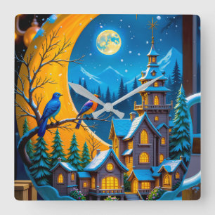 Magical Winter Village Under Crescent Moon Wall  Square Wall Clock