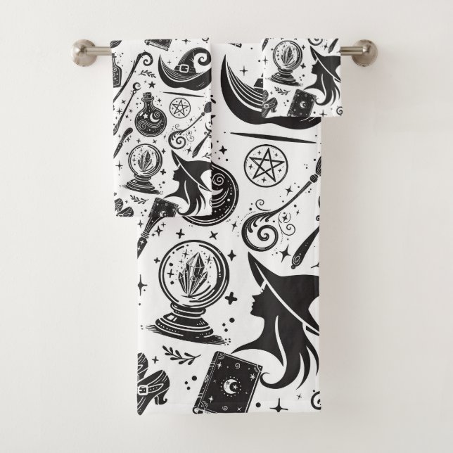 Magical Witch Whimsical Wiccan Pagan Black & White Bath Towel Set (Insitu)
