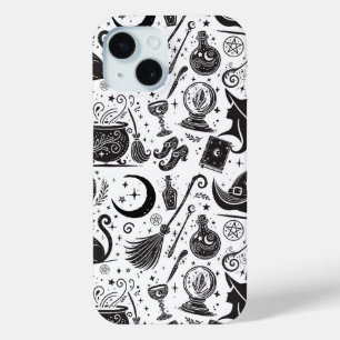 Magical Witch Whimsical Wiccan Pagan Black & White iPhone 15 Case