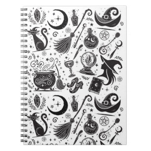 Magical Witch Whimsical Wiccan Pagan Black & White Notebook