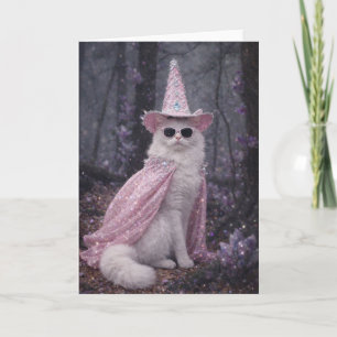 Magical Wizard Cat in Sparkly Pink Cape and Hat Card