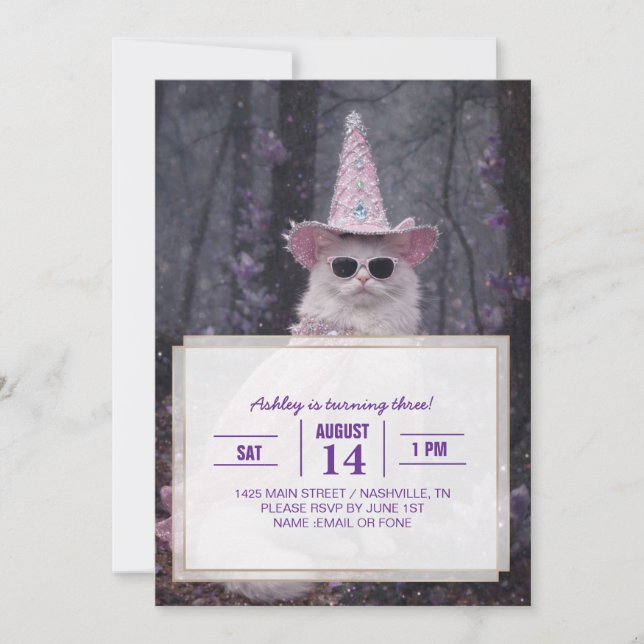 Magical Wizard Cat in Sparkly Pink Cape and Hat    Invitation (Front)