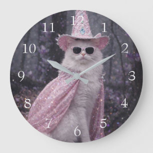 Magical Wizard Cat in Sparkly Pink Cape and Hat    Large Clock