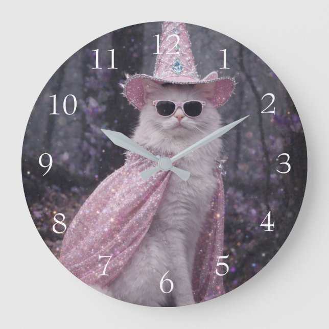 Magical Wizard Cat in Sparkly Pink Cape and Hat    Large Clock (Front)