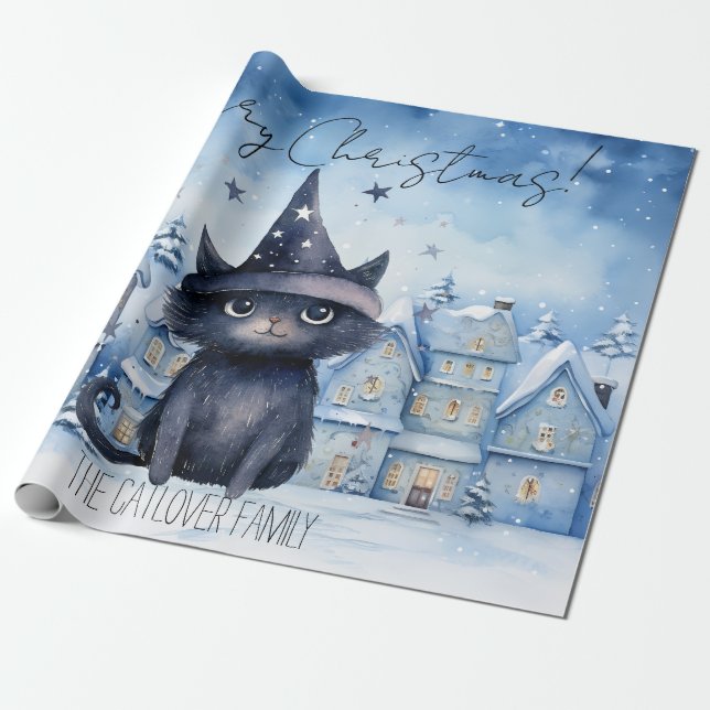 Magical Wizard Cat Watercolor Christmas Wrapping Paper (Unrolled)
