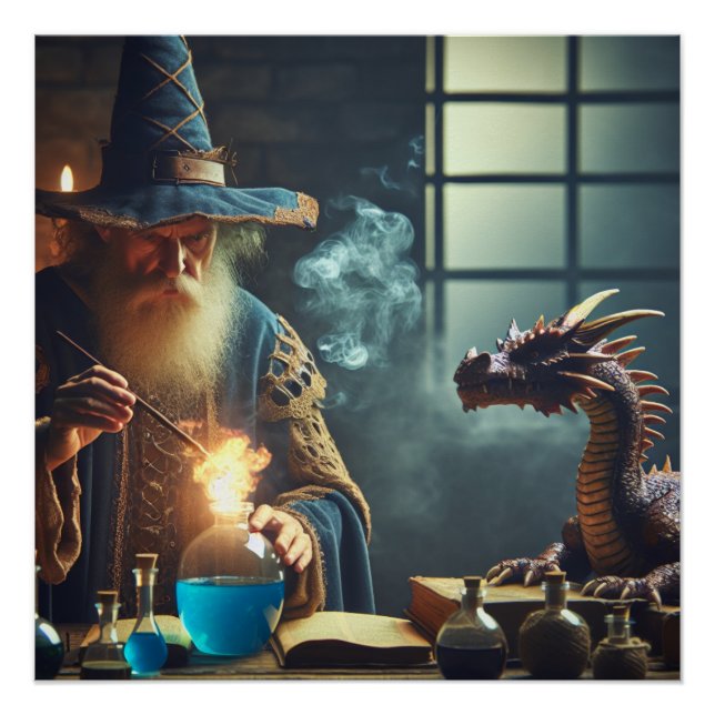 Magical Wizard Dragon Fantasy Art Poster (Front)