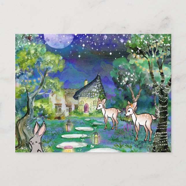Magical Woodland Animals and Cottage Thank You Postcard (Front)