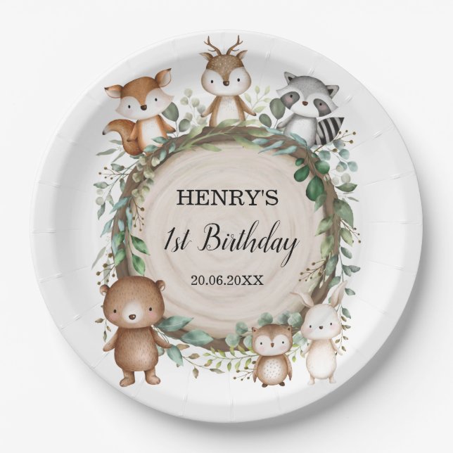 Magical Woodland Forest Animals Wild One Birthday Paper Plate (Front)