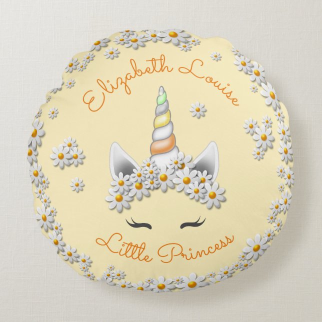 Magical Yellow Unicorn Princess Crown Nursery Round Cushion (Front)