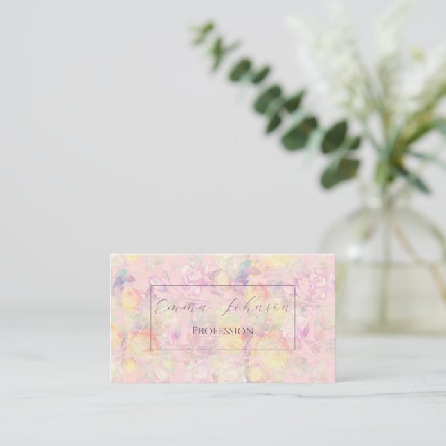 Magical Yellow White Roses Floral Pink Design Business Card (Standing Front)