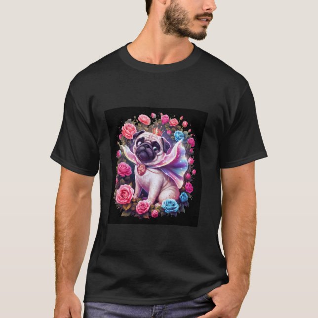 Magically glittering pug with roses T-Shirt (Front)