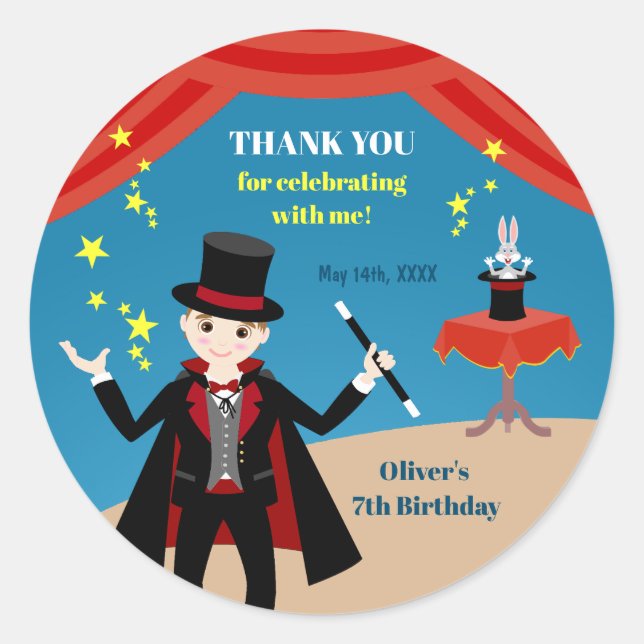 Magician Boy Show Birthday Party Classic Round Sticker (Front)