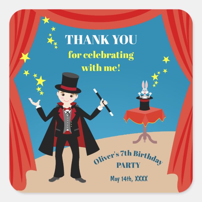 Magician Boy Show Birthday Party Square Sticker (Front)