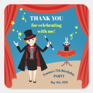 Magician Girl Show Birthday Party Square Sticker