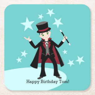 Magician kids birthday party square paper coaster