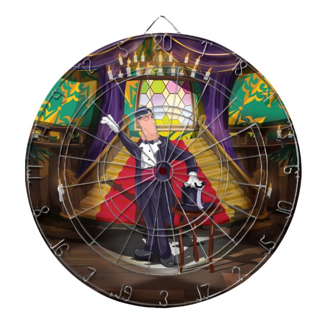 Magician performing magic trick on stage dartboard (Front)