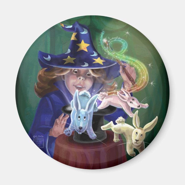 Magician Pulling Rabbits from a Hat Magnet (Front)
