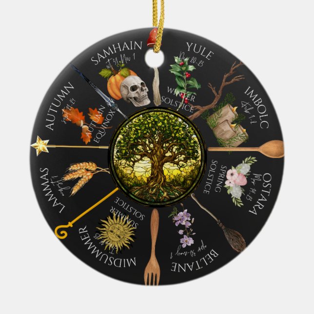 Magickal Wheel of the Year Ceramic Tree Decoration (Front)